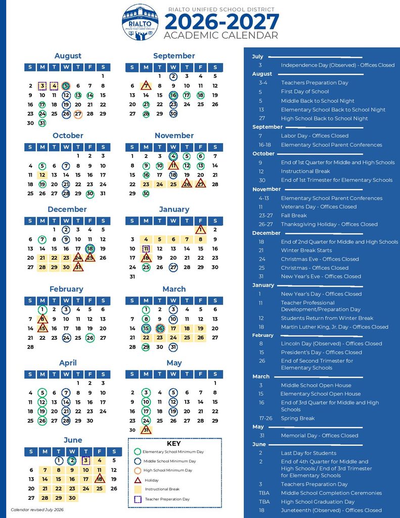 Rialto Unified School District Calendar 2026-2027