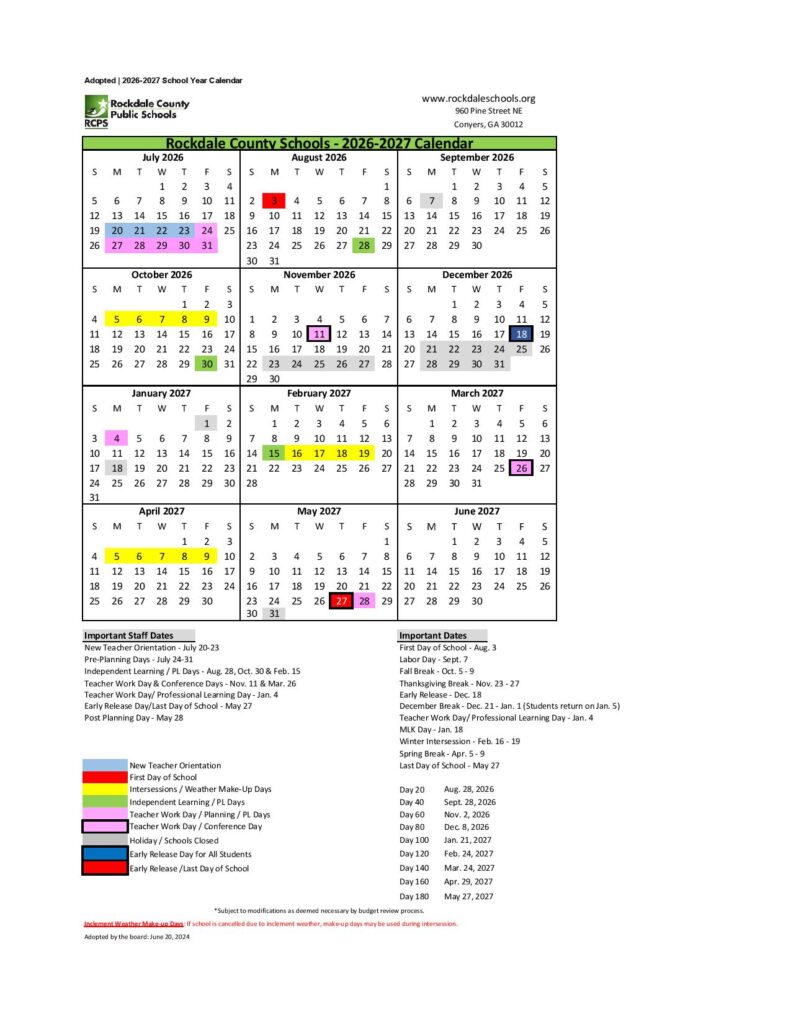 Rockdale County School District Calendar 2026-2027