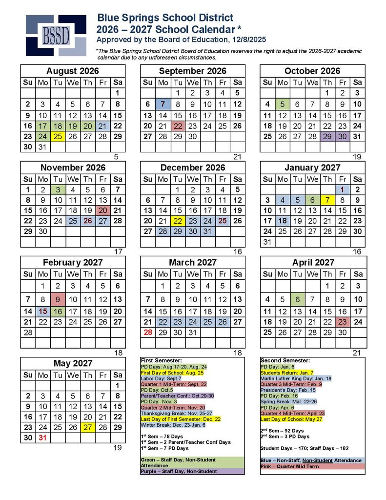 Blue Springs School District Calendar 2026-2027