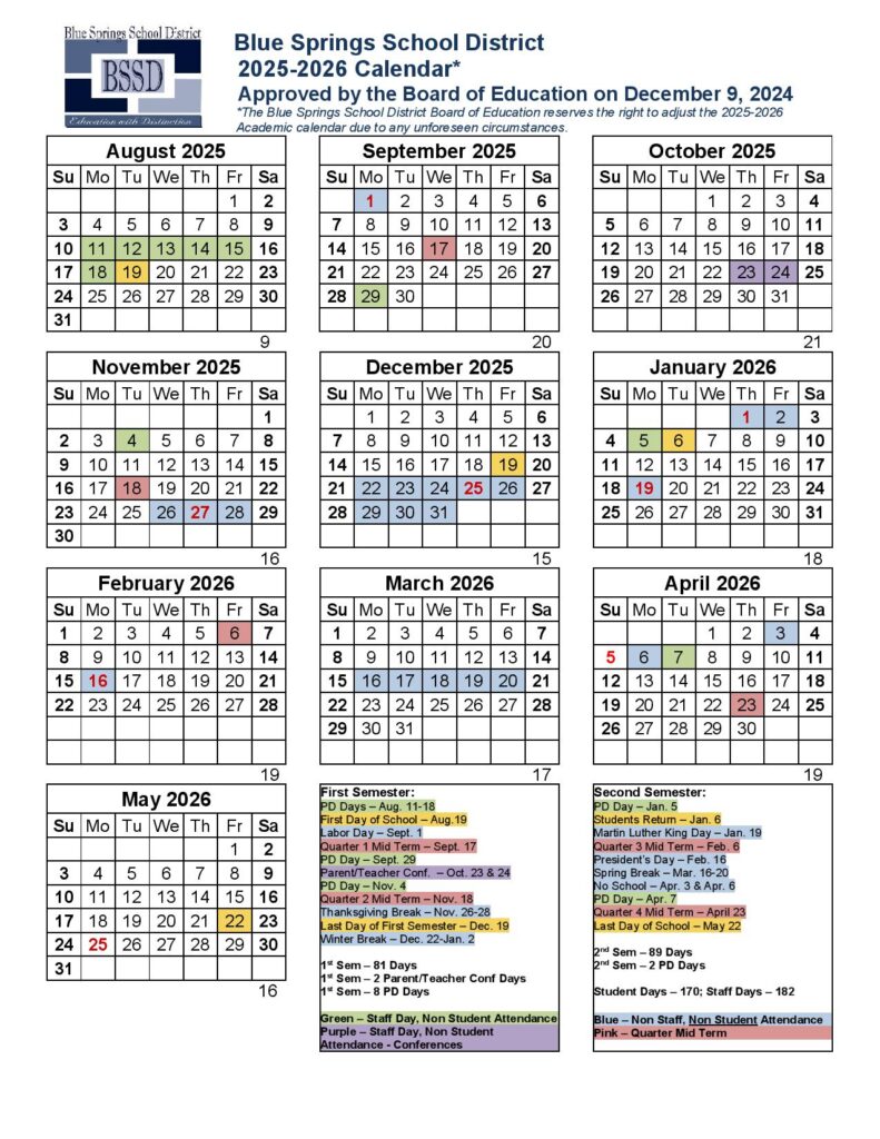 Blue Springs School District Calendar 2025-2026