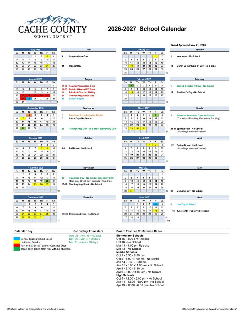 Cache County School District Calendar 2026-2027