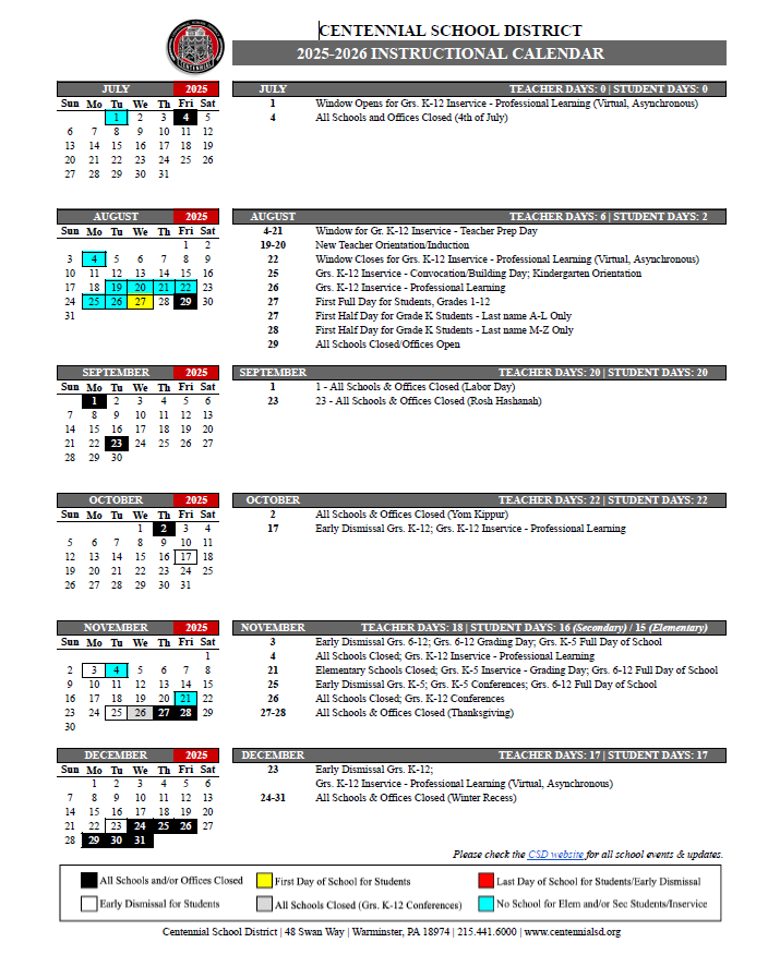 Centennial School District Calendar 2025-2026
