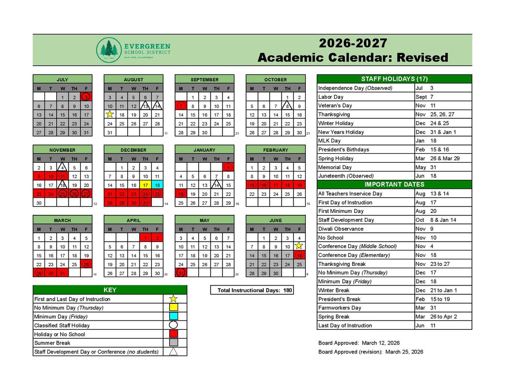 Evergreen School District Calendar 2026-2027