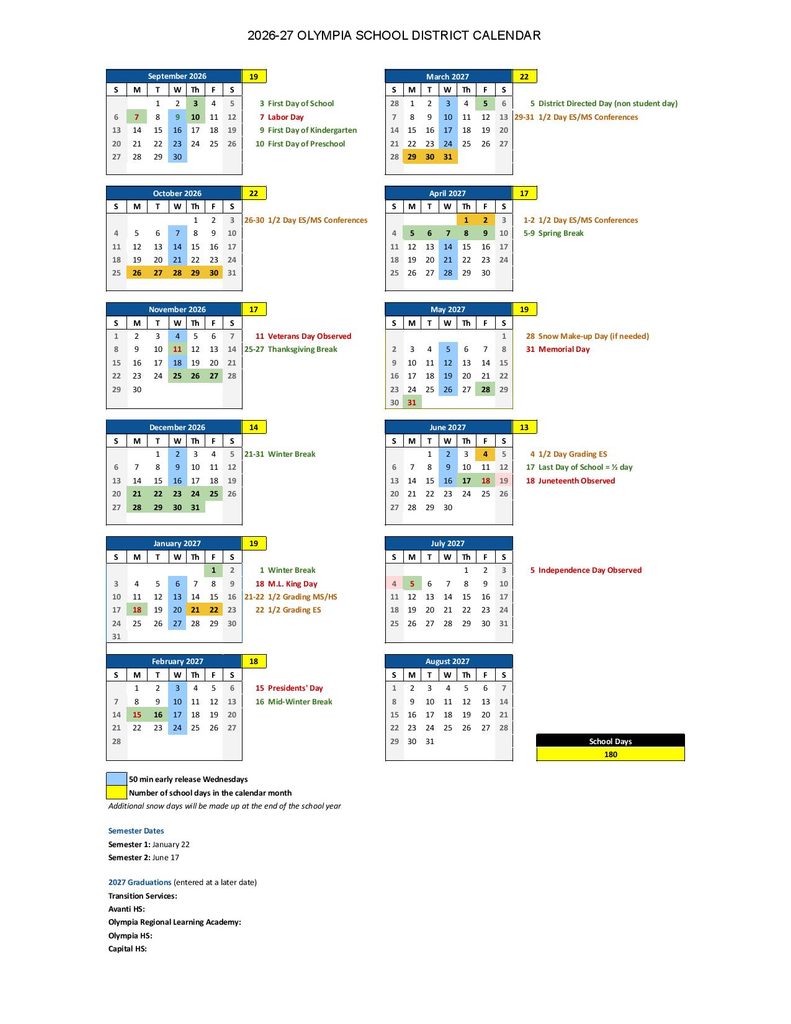 Olympia School District Calendar 2026-2027