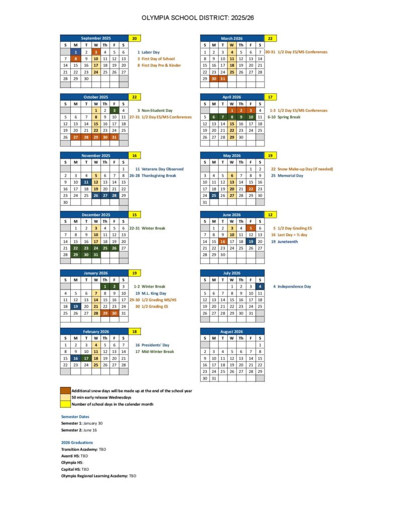 Olympia School District Calendar 2025-2026