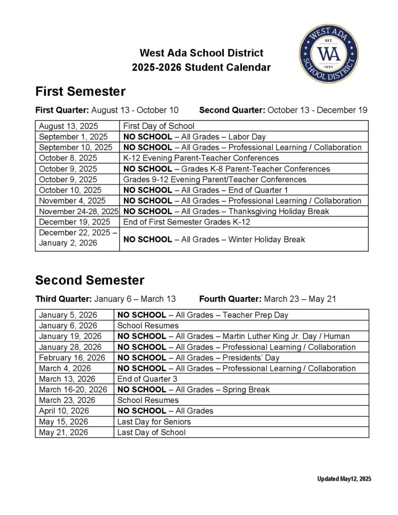 West Ada School District Calendar 2025-2026