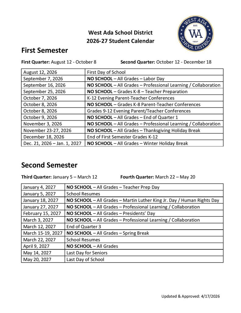 West Ada School District Calendar 2026-2027
