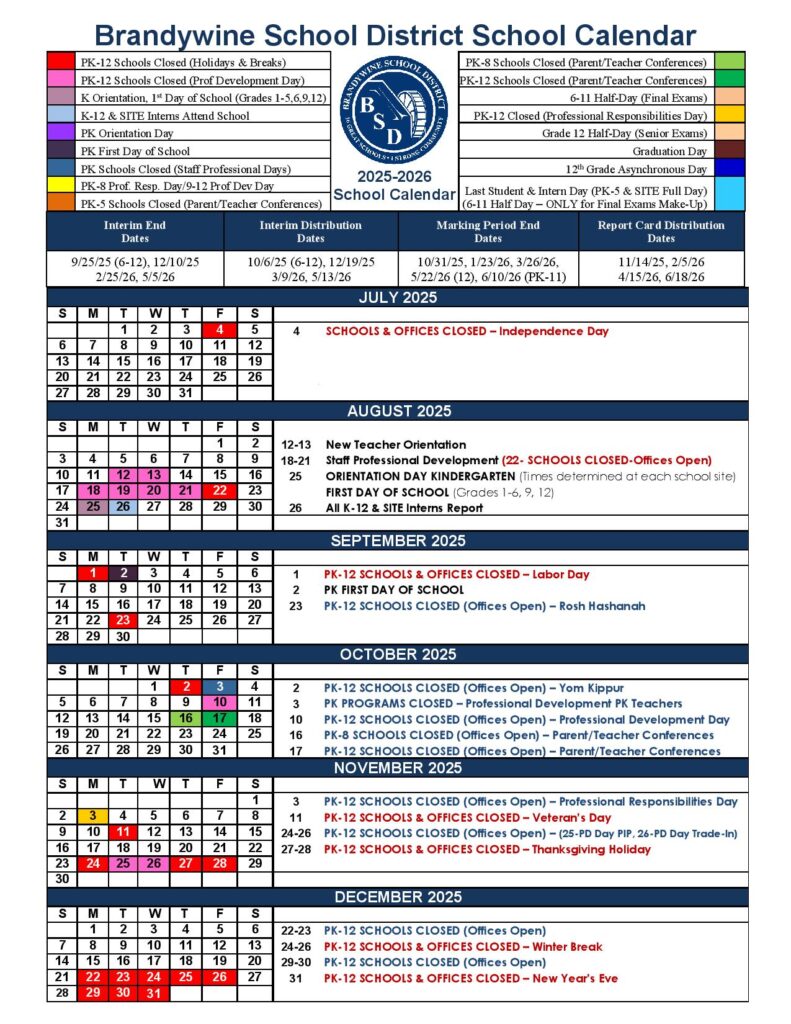Brandywine School District Calendar 2025-2026