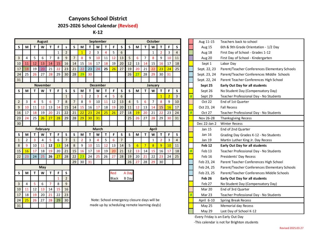 Canyons School District Calendar 2025-2026