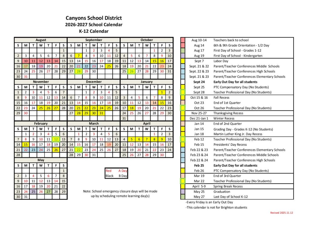 Canyons School District Calendar 2026-2027