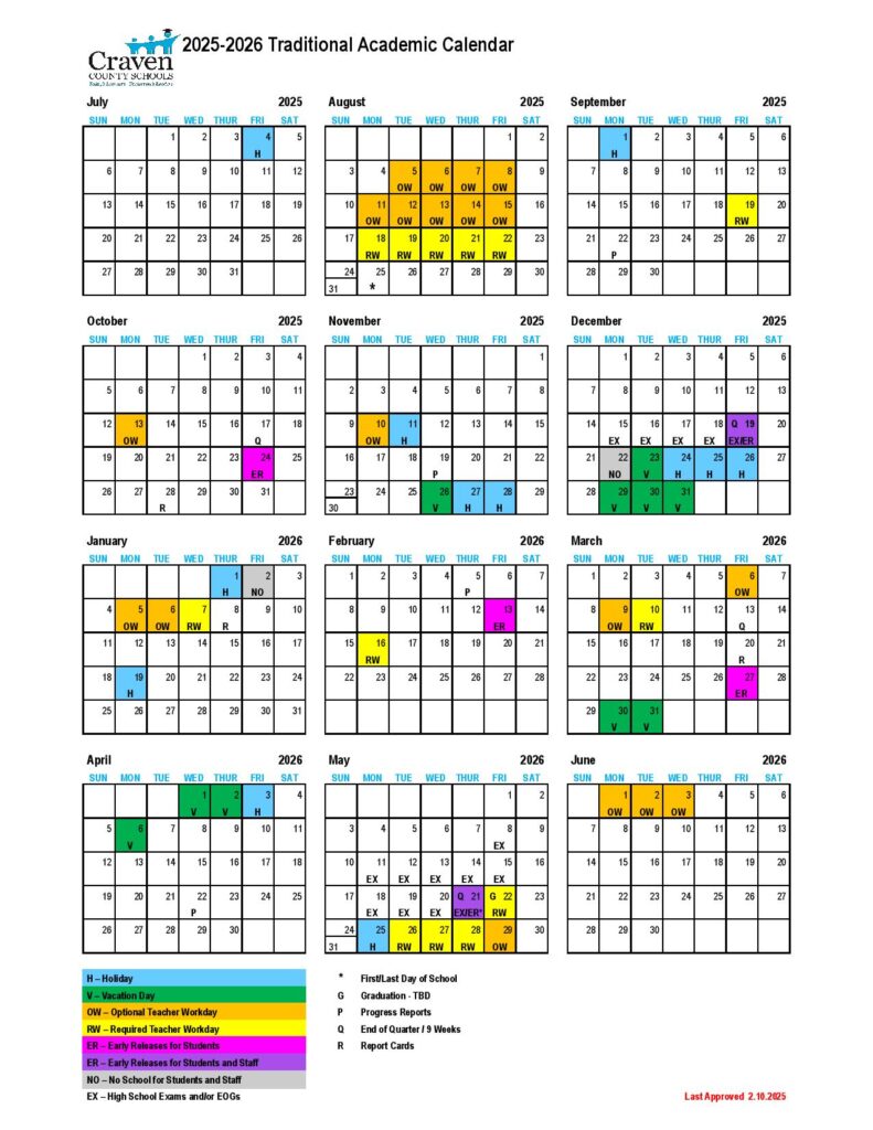 Craven County Schools Calendar 2025-2026