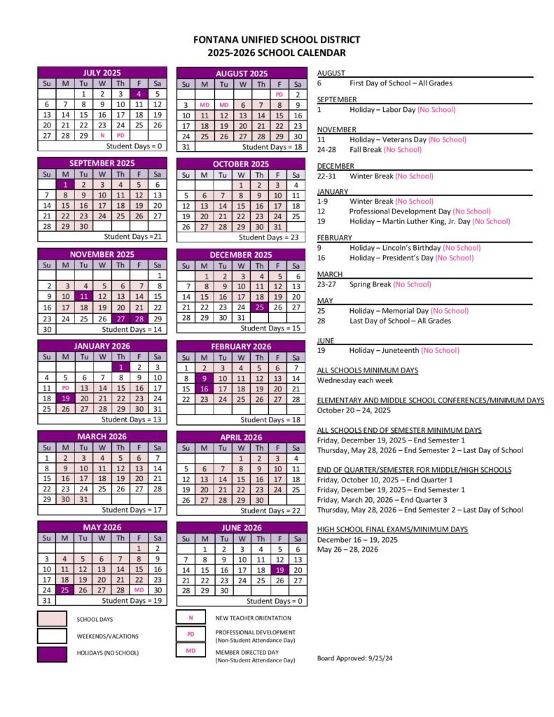 Fontana Unified School District Calendar 2025-2026