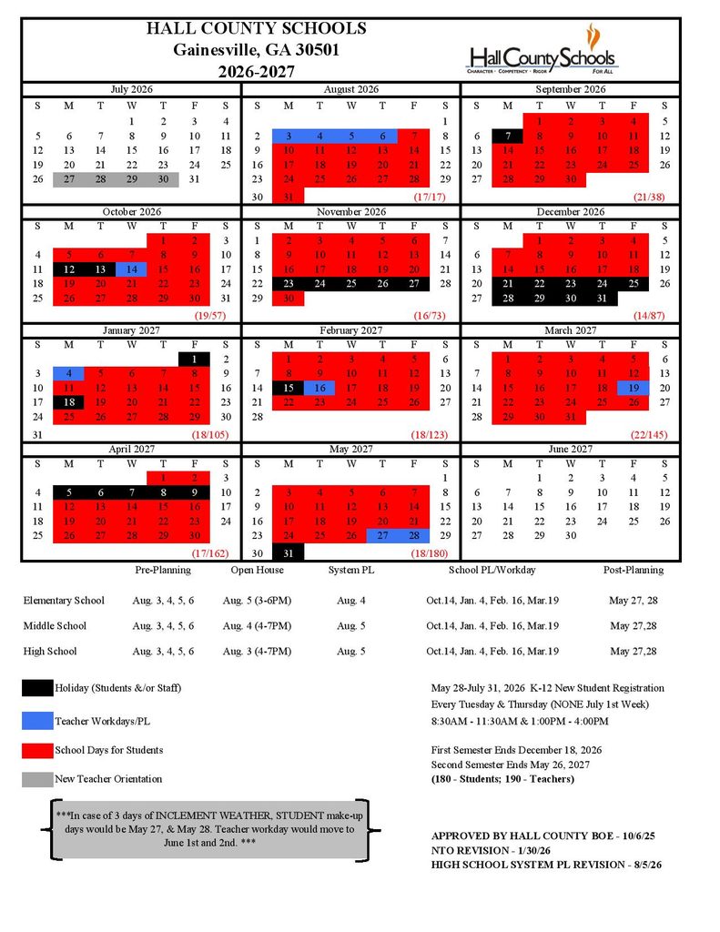 Hall County School District Calendar 2026-2027