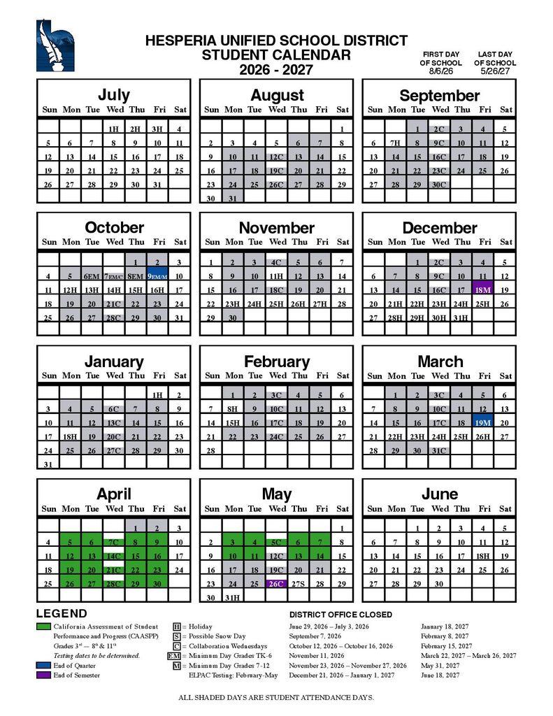 Hesperia Unified School District Calendar 2026-2027