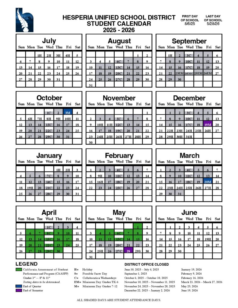 Hesperia Unified School District Major Holiday Breaks 2025-2026