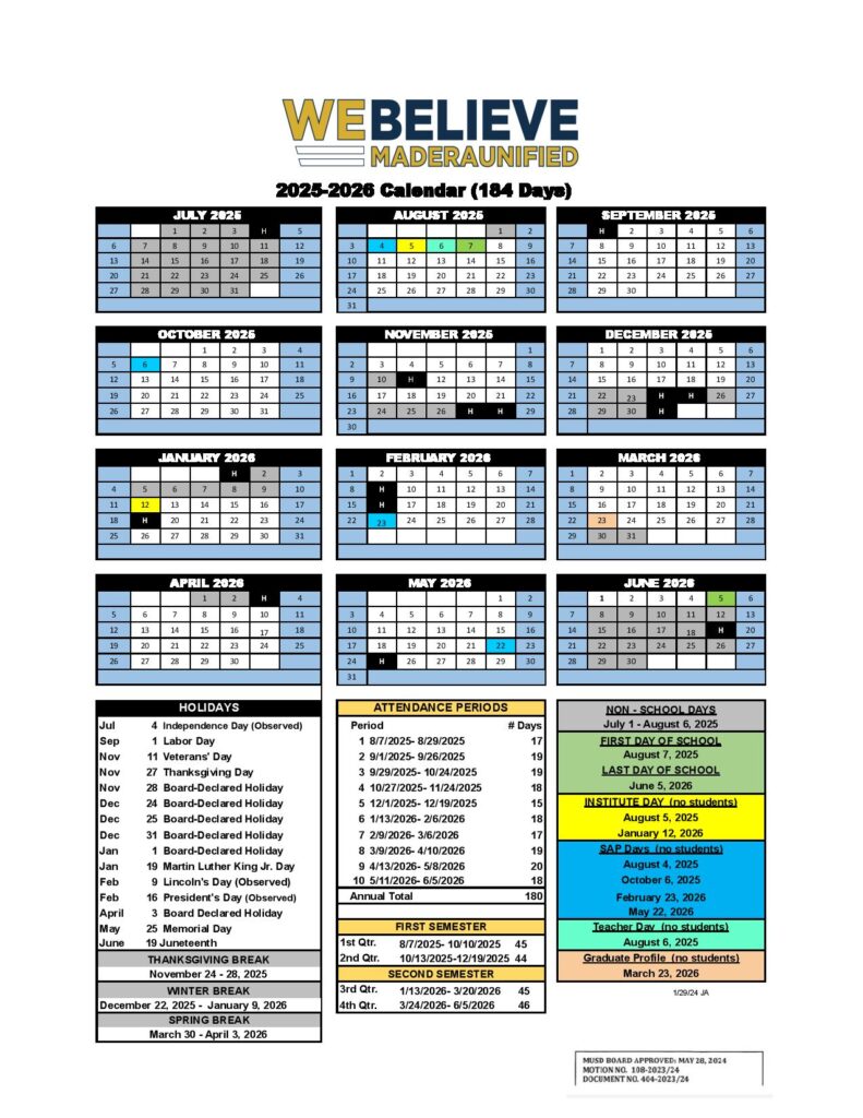 Madera Unified School District Calendar 2025-2026