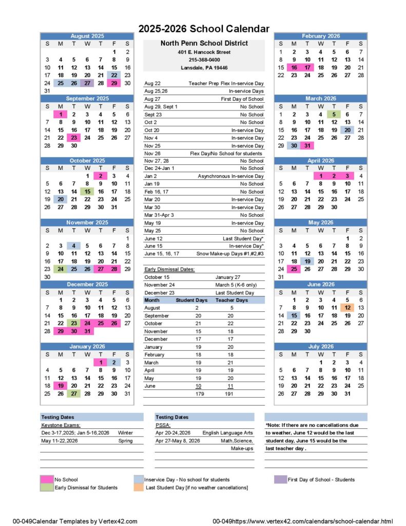 North Penn School District Calendar 2025-2026