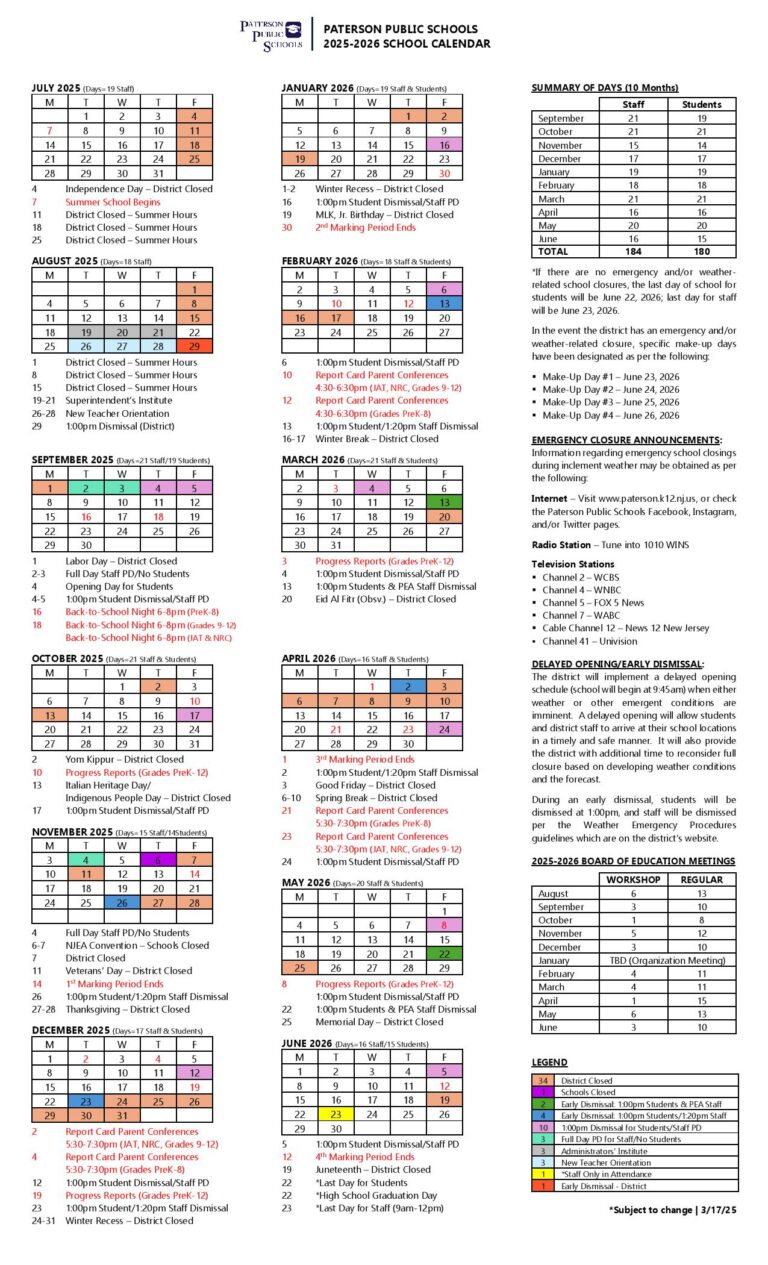 Paterson Public Schools Calendar 2025 2026 in PDF School Calendar Info