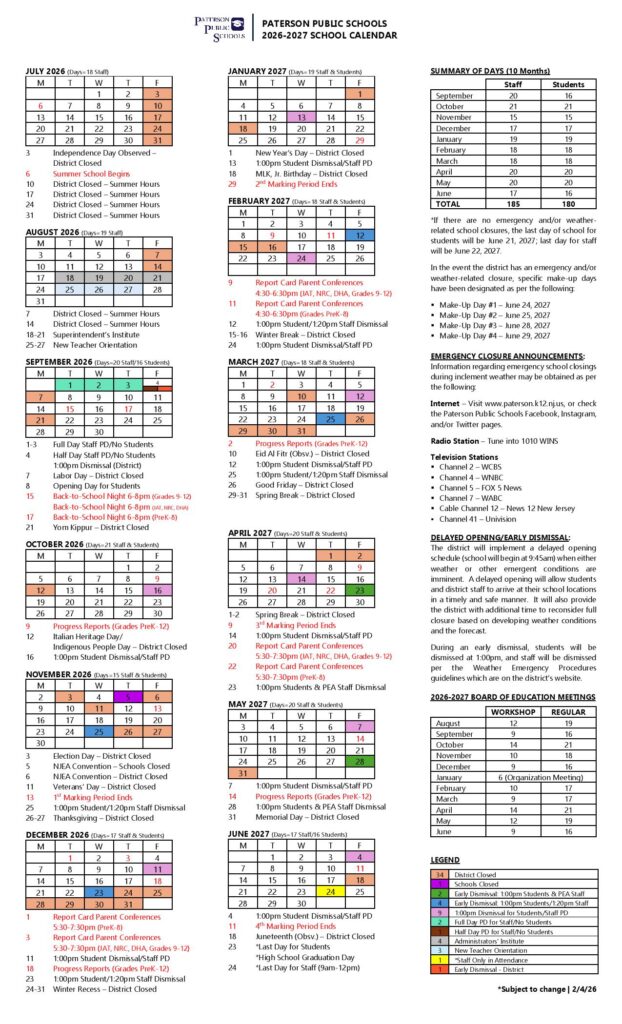 Paterson Public Schools Calendar 2026-2027