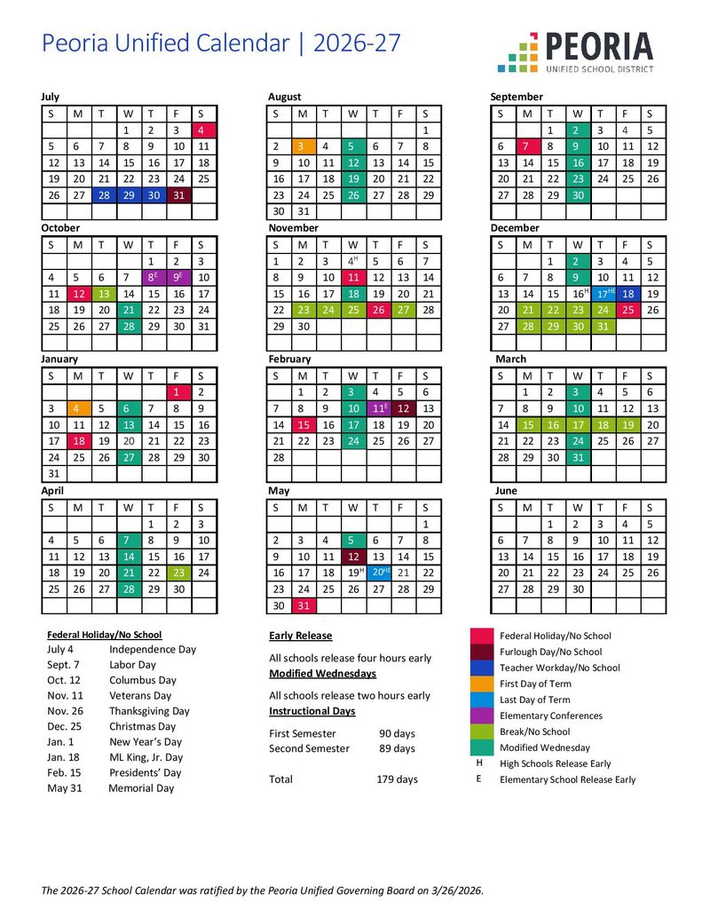 Peoria Unified School District Calendar 2026-2027