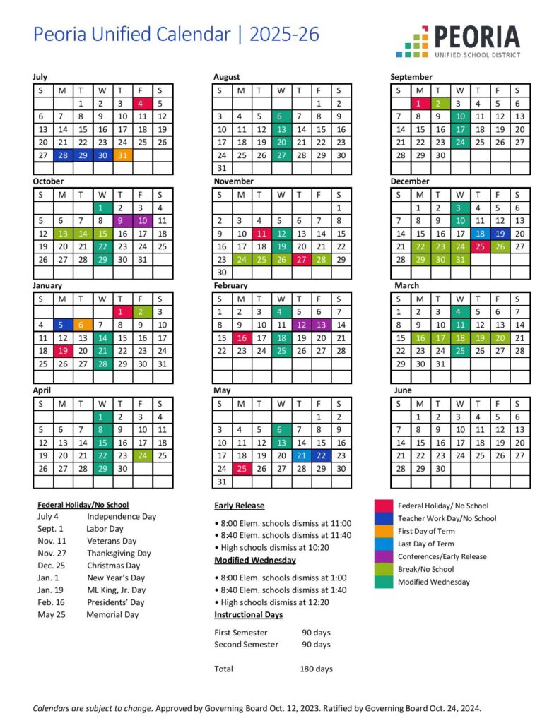 Peoria Unified School District Calendar 2025-2026
