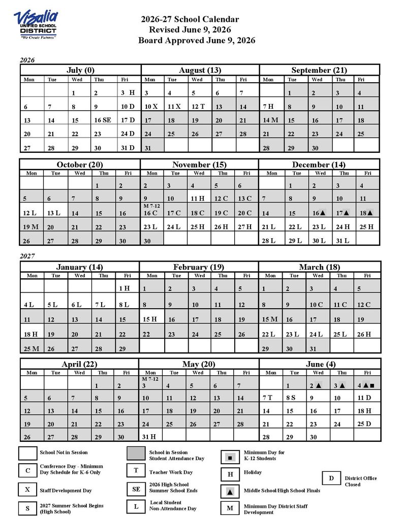 Visalia Unified School District Calendar 2026-2027