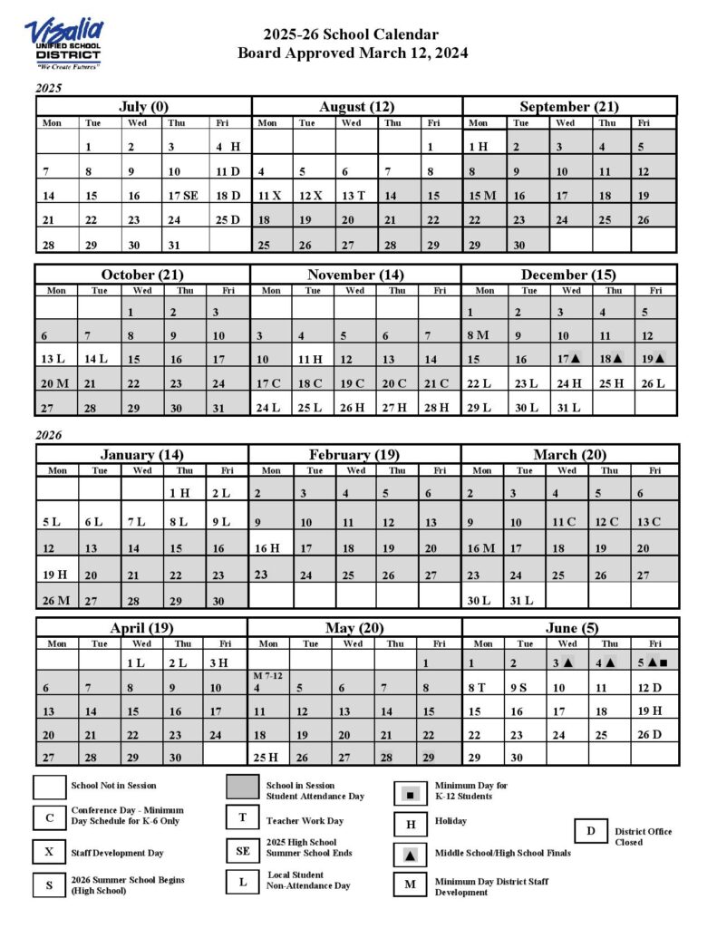 Visalia Unified School District Calendar 2025-2026