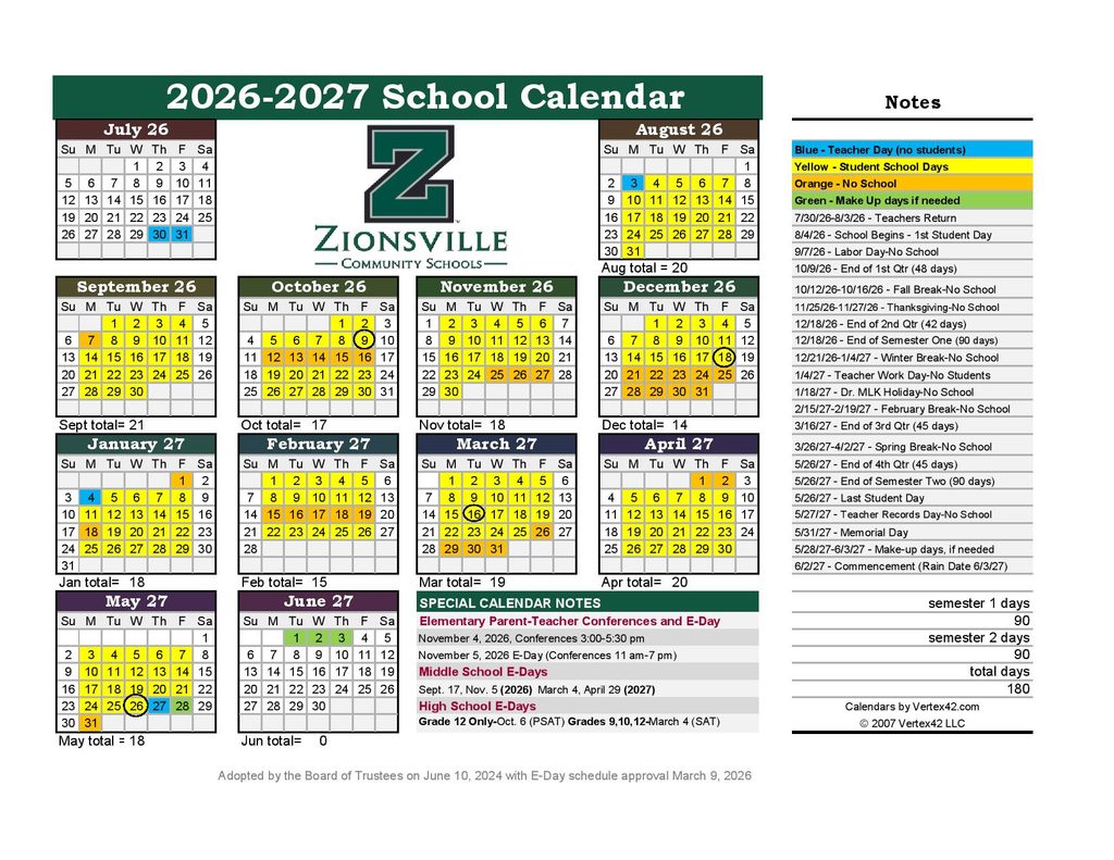 Zionsville Schools Calendar 2026-2027