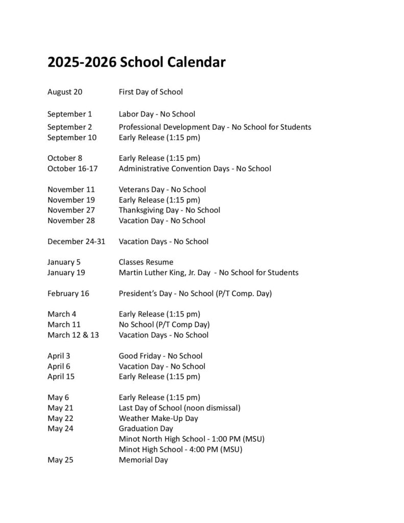 Minot Public Schools Calendar 2025-2026