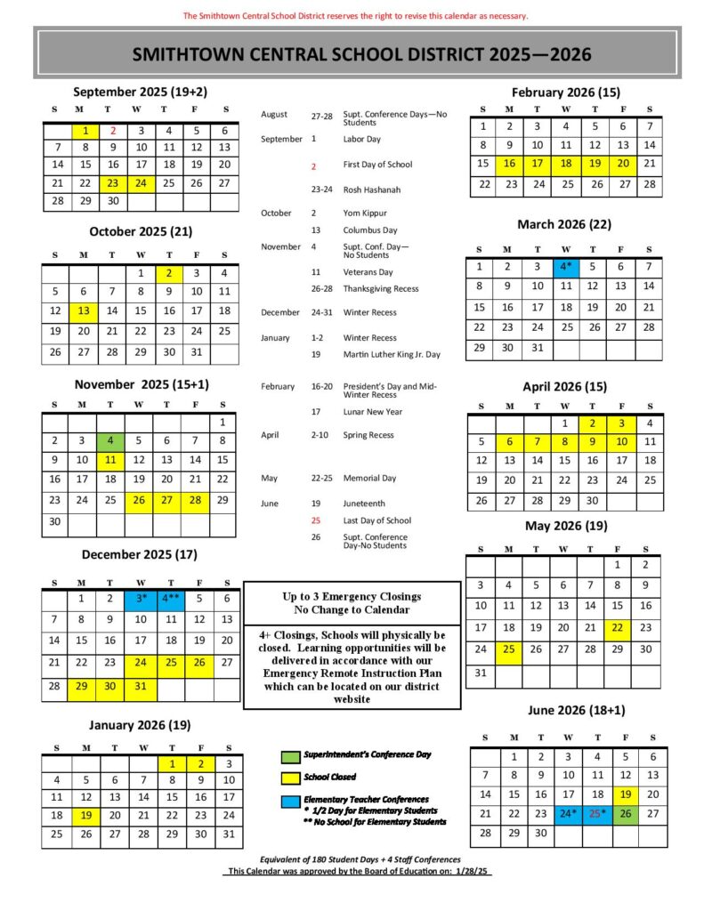 Smithtown School District Calendar 2025-2026
