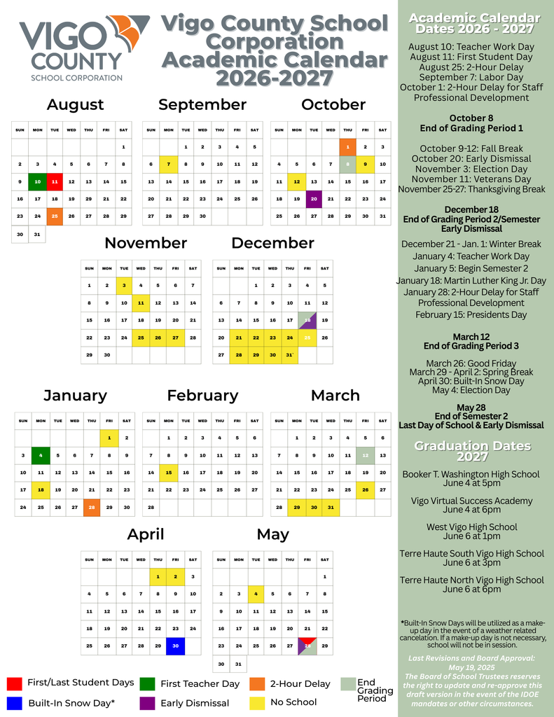 Vigo County School Calendar 2026-2027