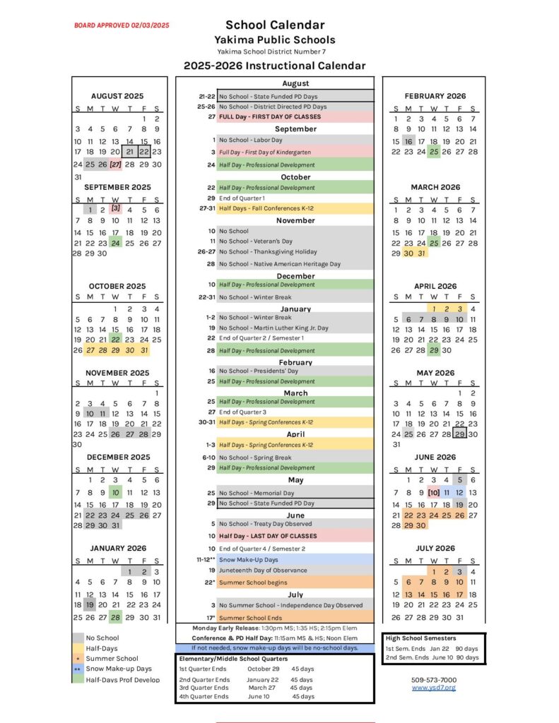 Yakima School District Calendar 2025-2026