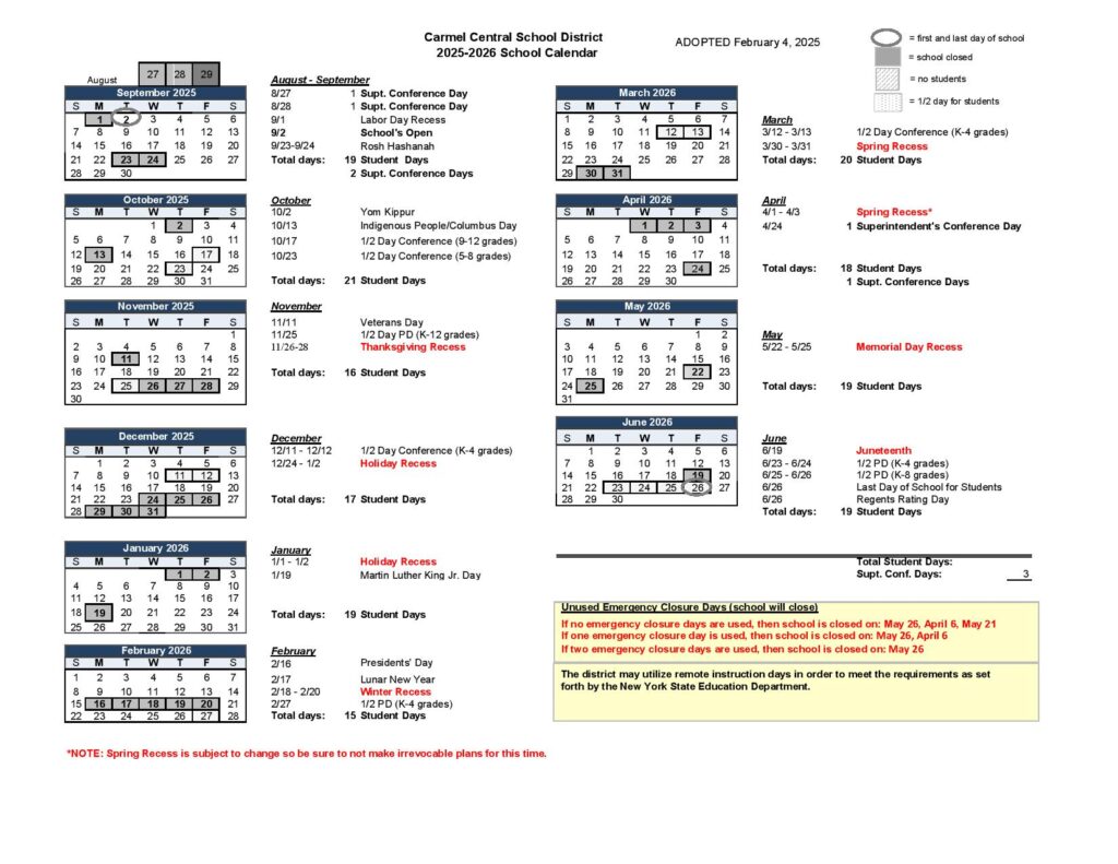 Carmel Central School District Calendar 2025-2026