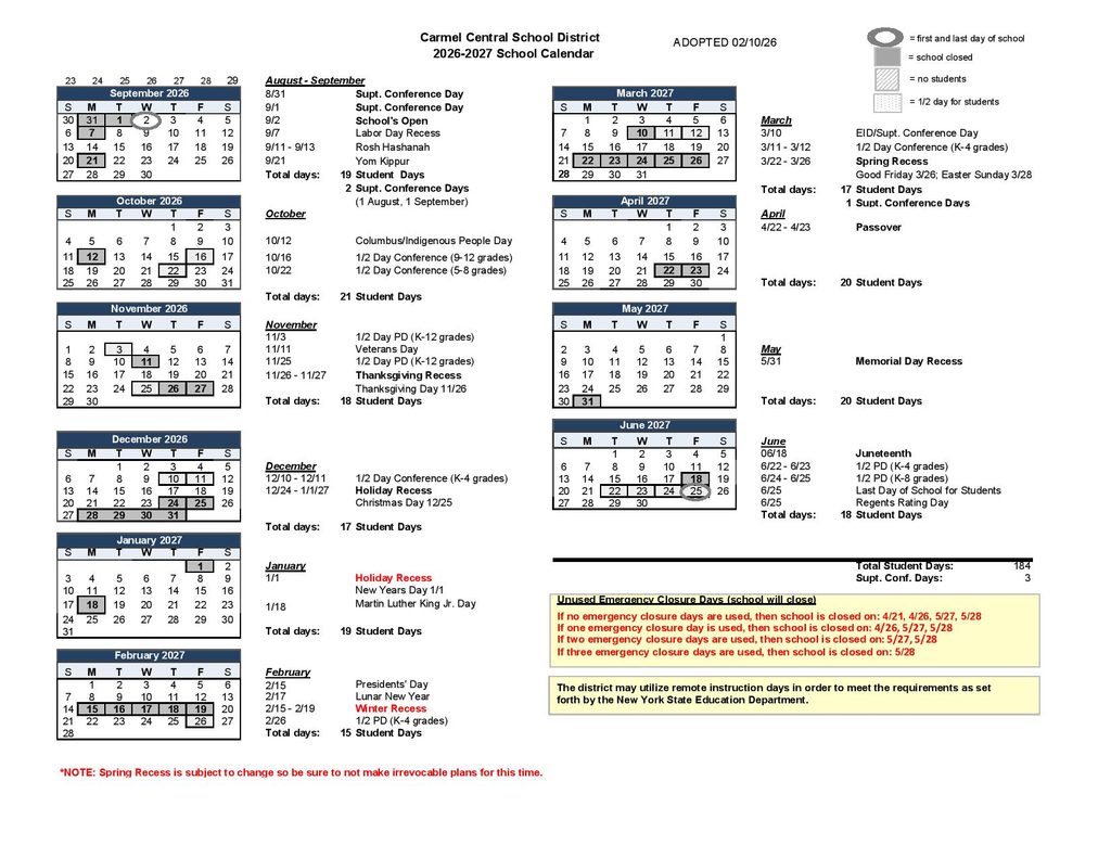 Carmel Central School District Calendar 2026-2027