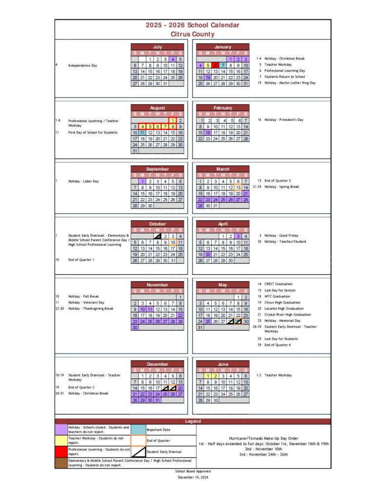 Citrus County School Calendar 2025-2026