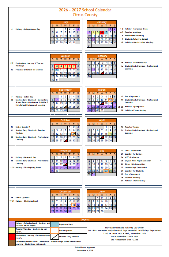 Citrus County School Calendar 2026-2027