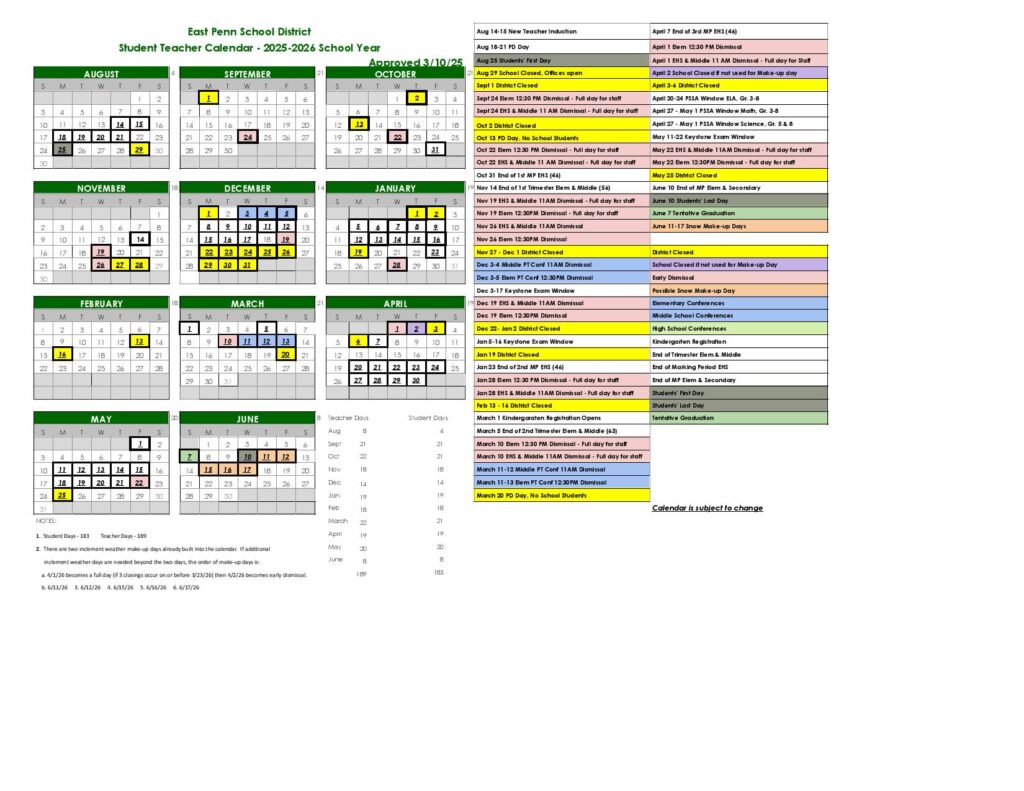East Penn School District Calendar 2025-2026
