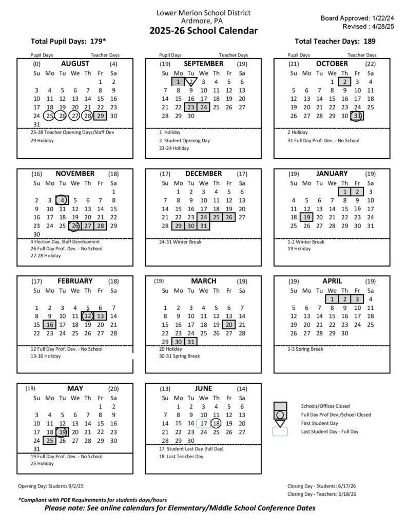 Lower Merion School District Calendar 2025-2026