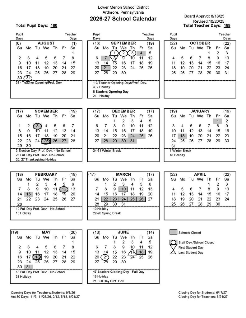 Lower Merion School District Calendar 2026-2027