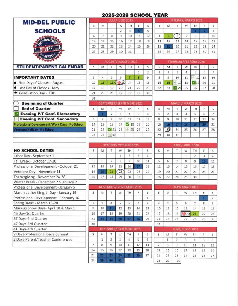Mid Del School Calendar 2025-2026