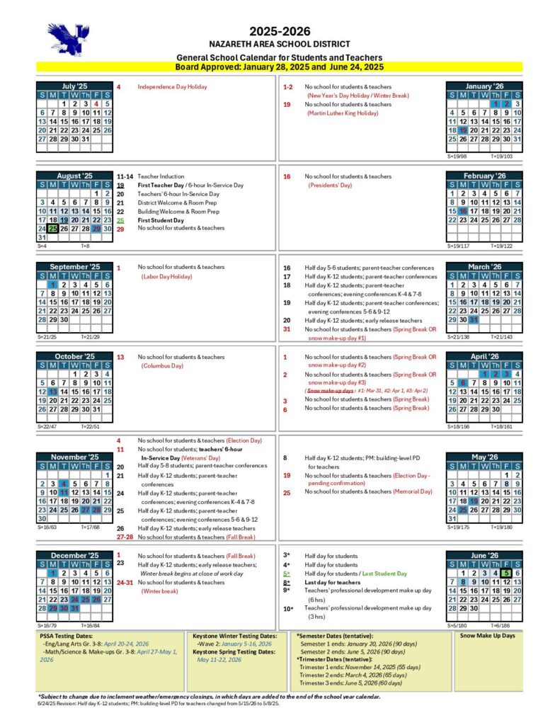 Nazareth Area School District Calendar 2025-2026
