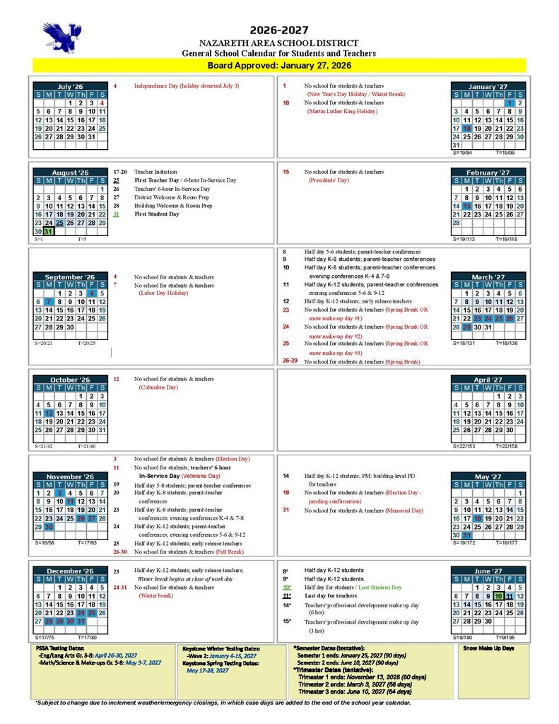 Nazareth Area School District Calendar 2026-2027