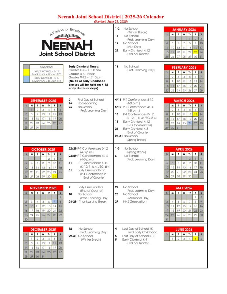 Neenah Joint School District Calendar 2025-2026