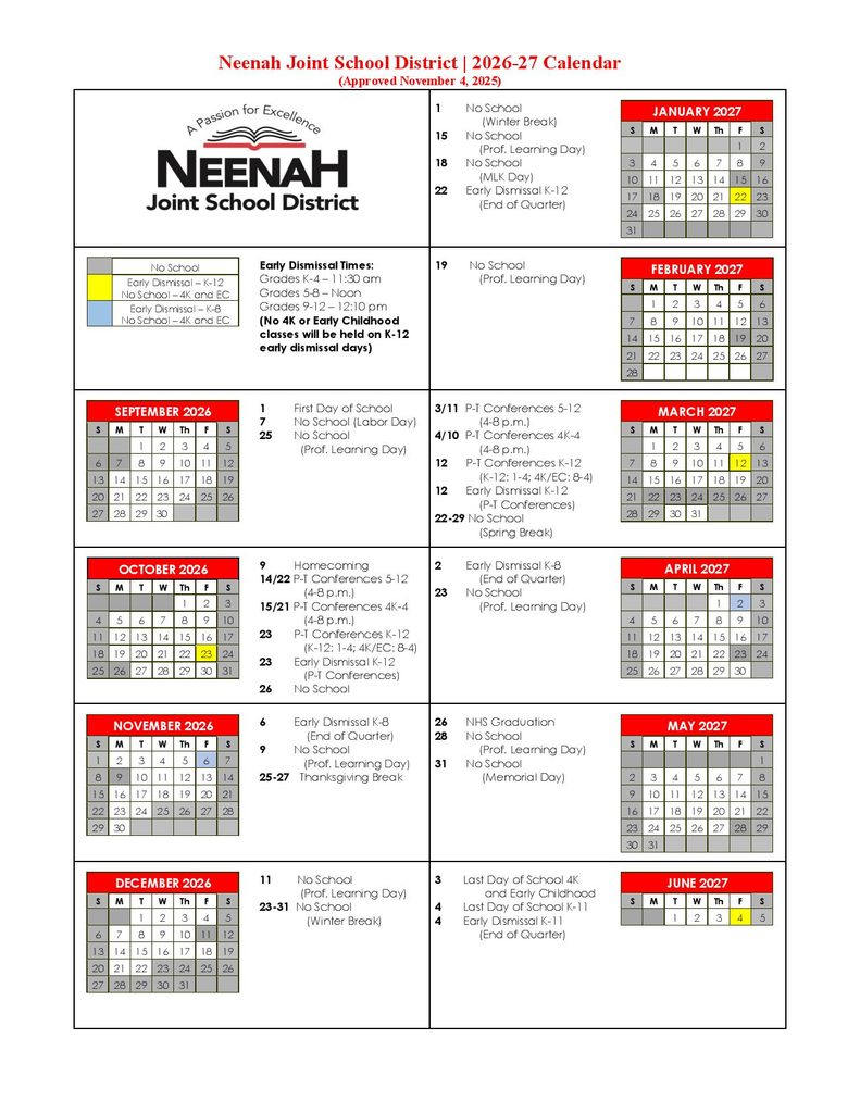 Neenah Joint School District Calendar 2026-2027