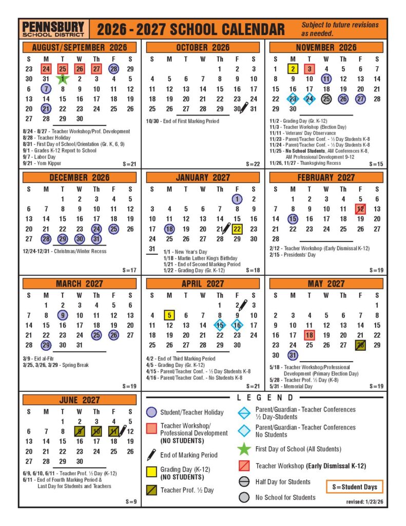 Pennsbury School District Calendar 2026-2027
