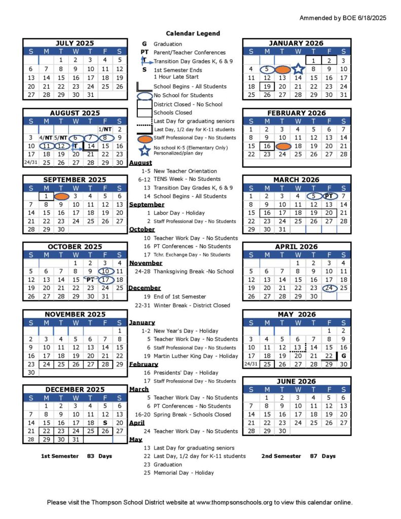 Thompson School District Calendar 2025-2026