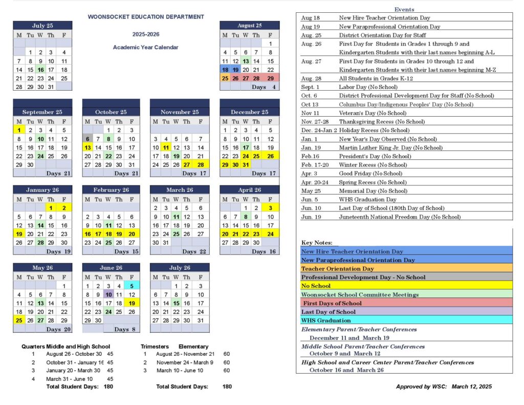Woonsocket School Calendar 2025-2026