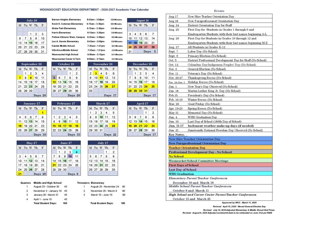 Woonsocket School Calendar 2026-2027