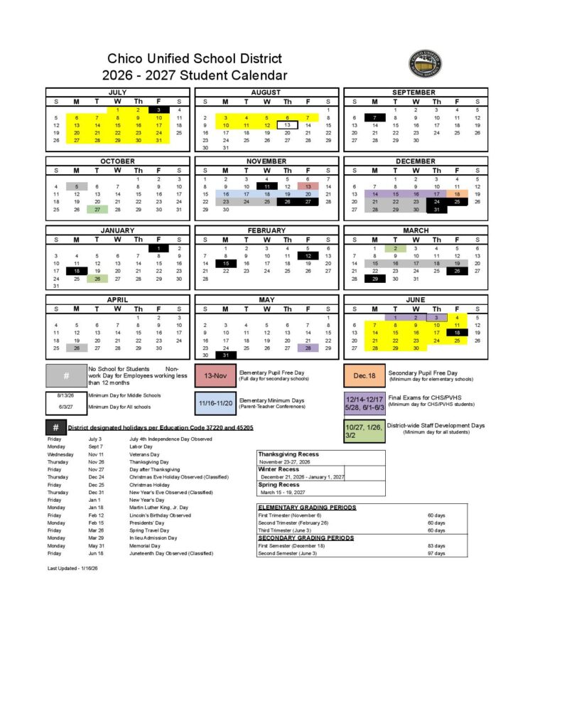 Chico Unified School District Calendar 2026-2027