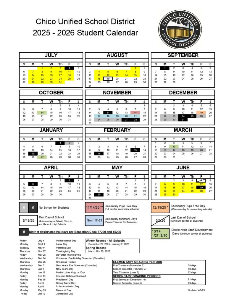 Chico Unified School District Calendar 2025-2026